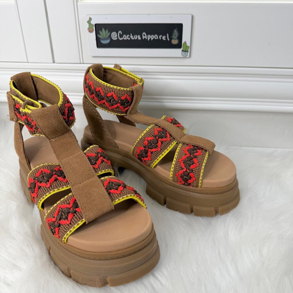 New UGG Ashton Heritage Braid Brown Suede Neon Trim Platform Sandals Size 7
